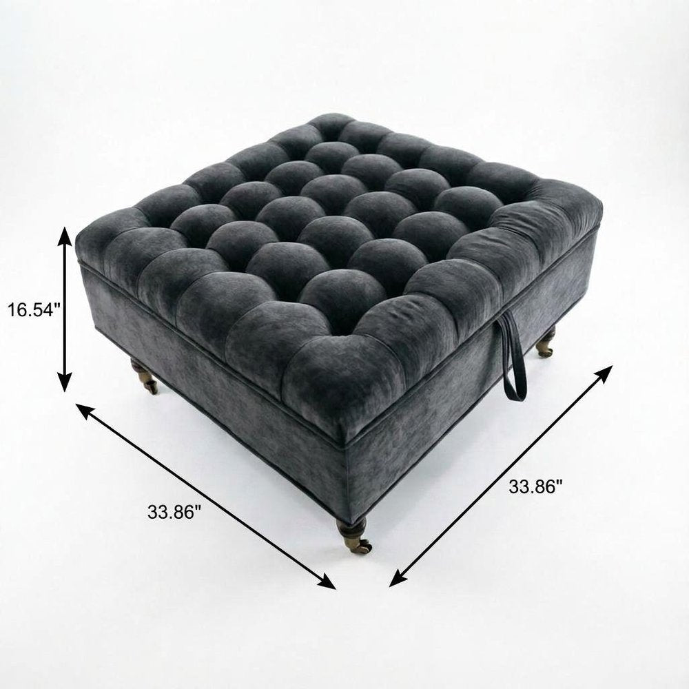 34" Gray And Black Rolling Chenille Tufted Ottoman With Storage HomeRoots