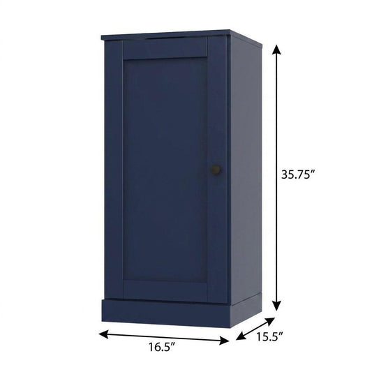 36" Navy Blue Solid Wood Adjustable Three Tier Library Bookcase with One Door