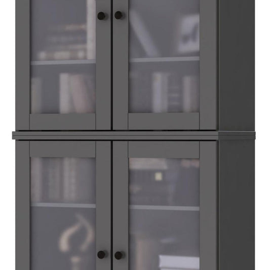 72" Gray Solid Wood Adjustable Six Tier Library Bookcase with Four Doors