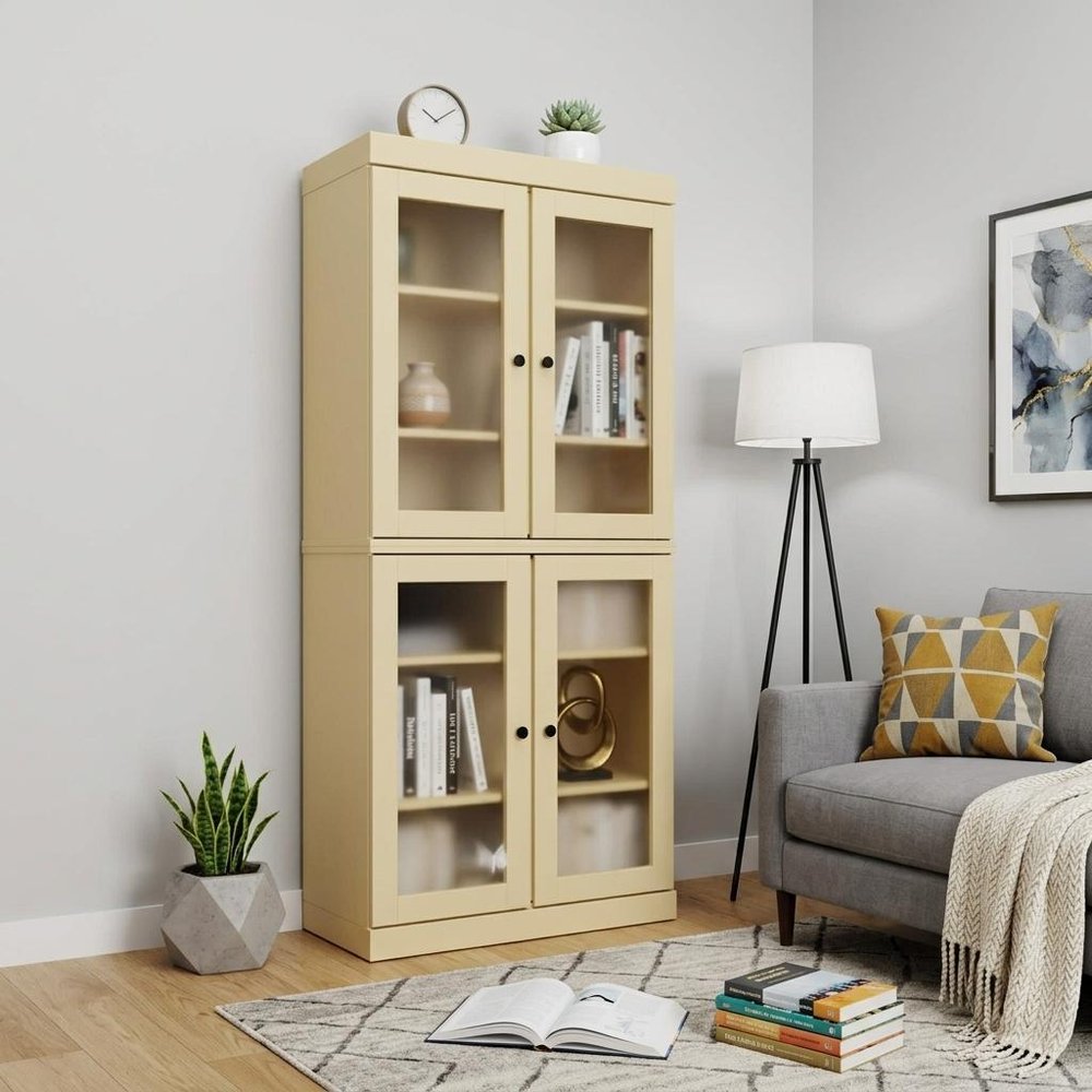 72" Yellow Solid Wood Adjustable Six Tier Library Bookcase with Four Doors HomeRoots