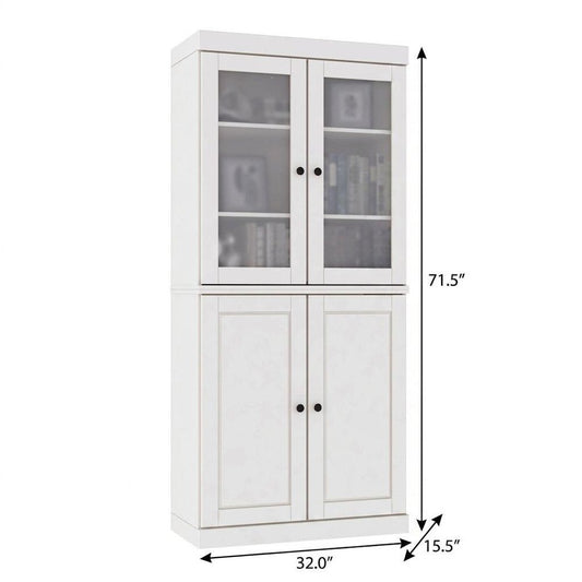 72" White Solid Wood Adjustable Six Tier Library Bookcase with Four Doors