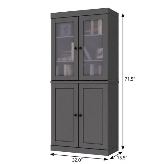 72" Gray Solid Wood Adjustable Six Tier Library Bookcase with Four Doors