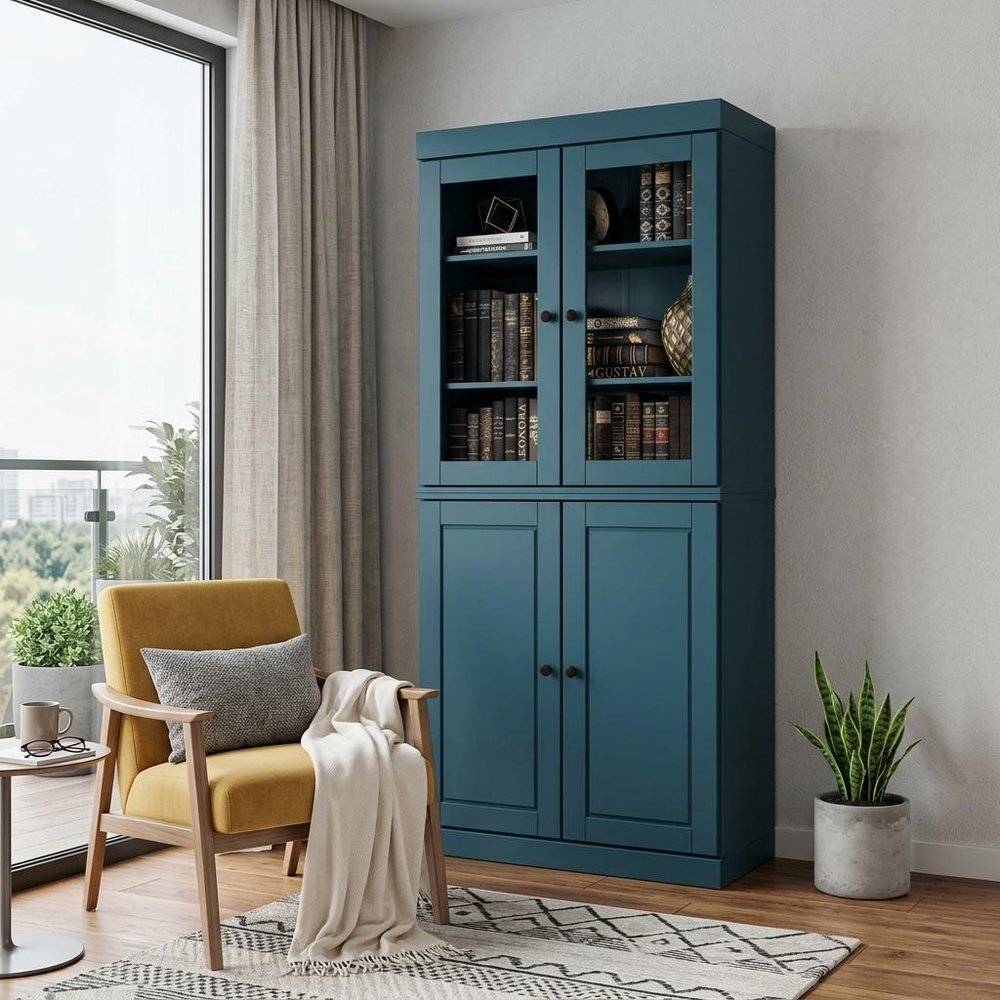 72" Teal Blue Solid Wood Adjustable Six Tier Library Bookcase with Four Doors HomeRoots