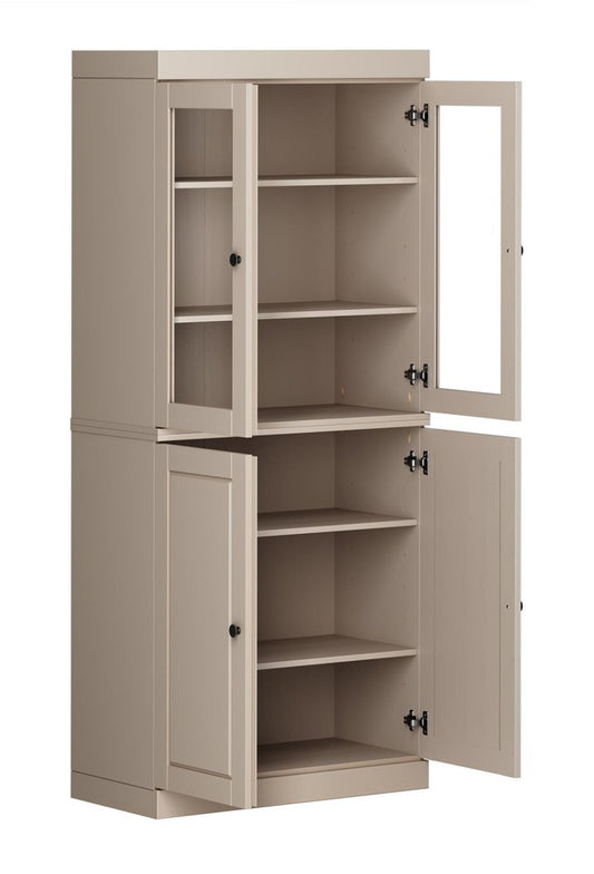 72" Beige Solid Wood Adjustable Six Tier Library Bookcase with Four Doors