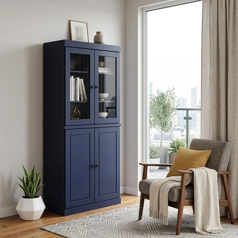 72" Navy Blue Solid Wood Adjustable Six Tier Library Bookcase with Four Doors HomeRoots