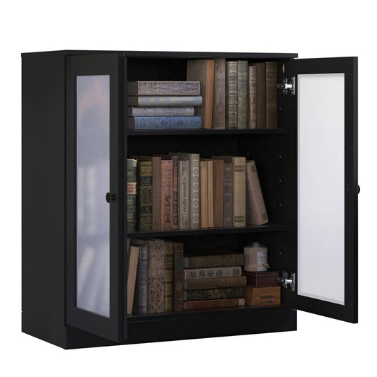 36" Black Solid Wood Adjustable Three Tier Library Bookcase with Two Doors