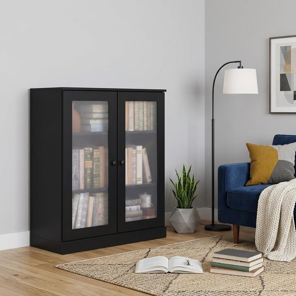 36" Black Solid Wood Adjustable Three Tier Library Bookcase with Two Doors HomeRoots