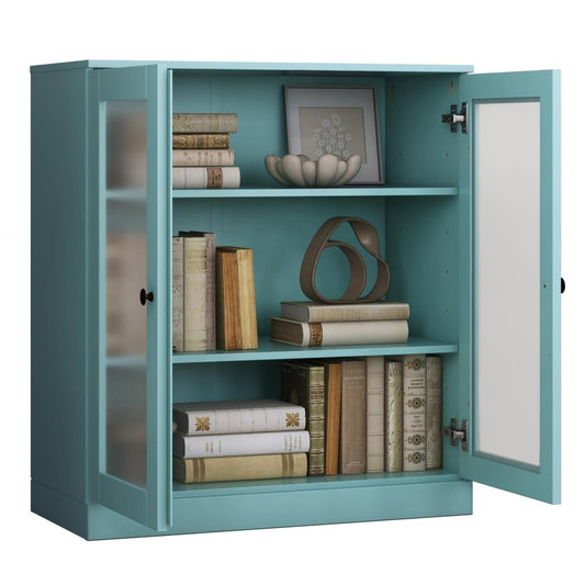 36" Aqua Solid Wood Adjustable Three Tier Library Bookcase with Two Doors