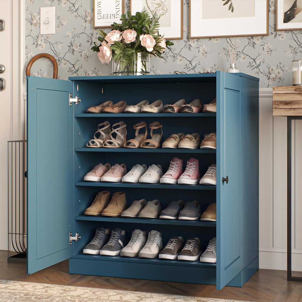 Teal Blue Twenty Pair Solid WoodShoe Storage Cabinet HomeRoots