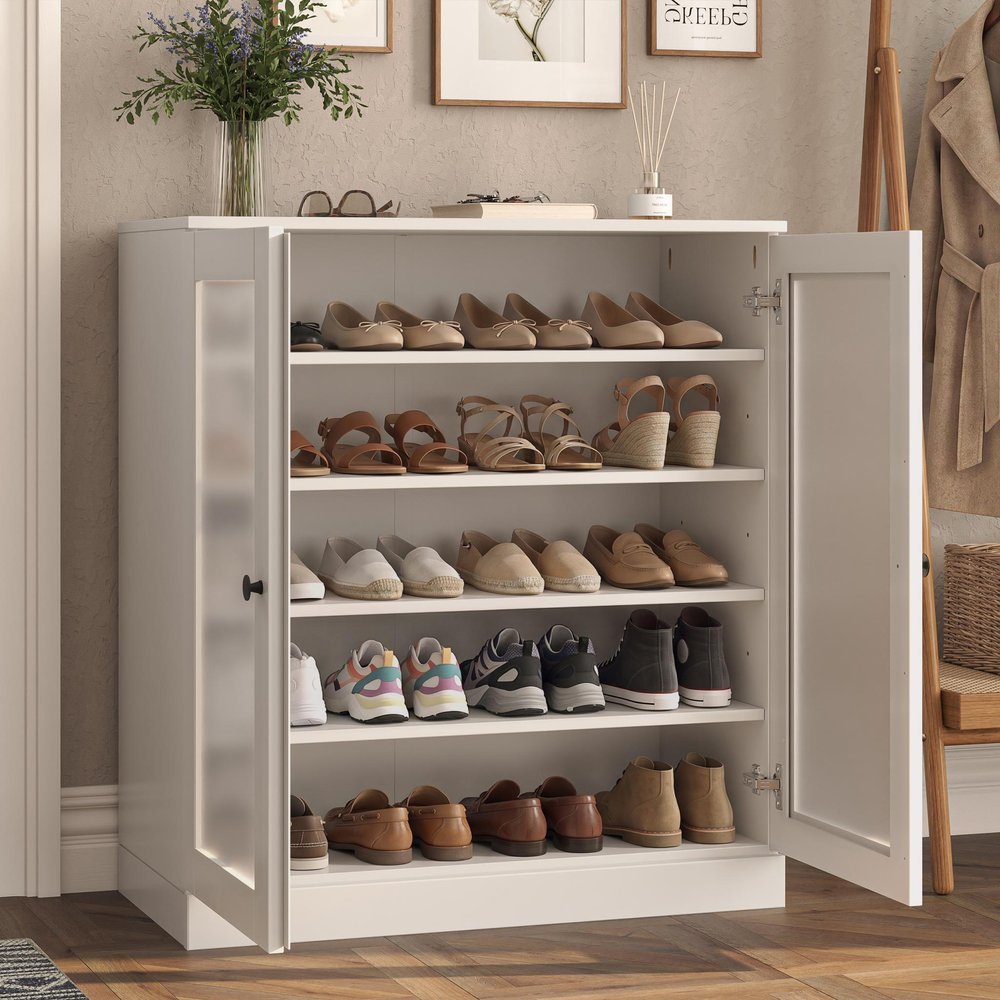 White Twenty Pair Solid WoodShoe Storage Cabinet HomeRoots