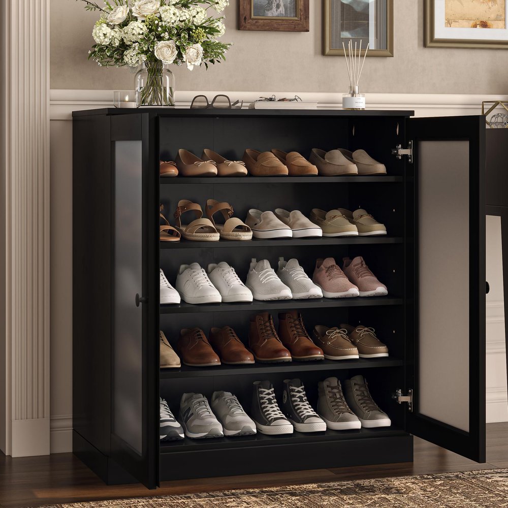 Black Twenty Pair Solid WoodShoe Storage Cabinet HomeRoots