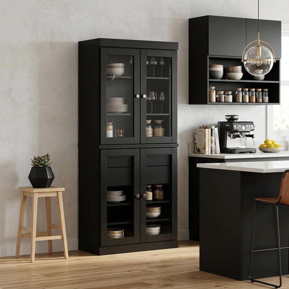 72" Black Solid Wood Four Door Two Drawer Pantry Or Storage Closet HomeRoots
