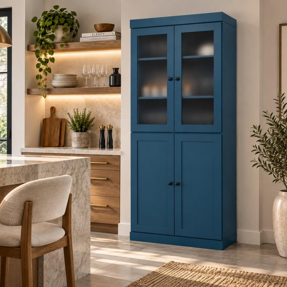 72" Teal Blue Solid Wood Four Door Two Drawer Pantry Or Storage Closet HomeRoots