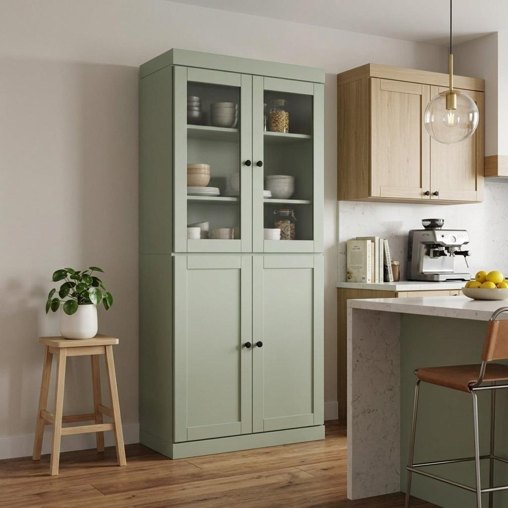 72" Sage Solid Wood Four Door Two Drawer Pantry Or Storage Closet HomeRoots