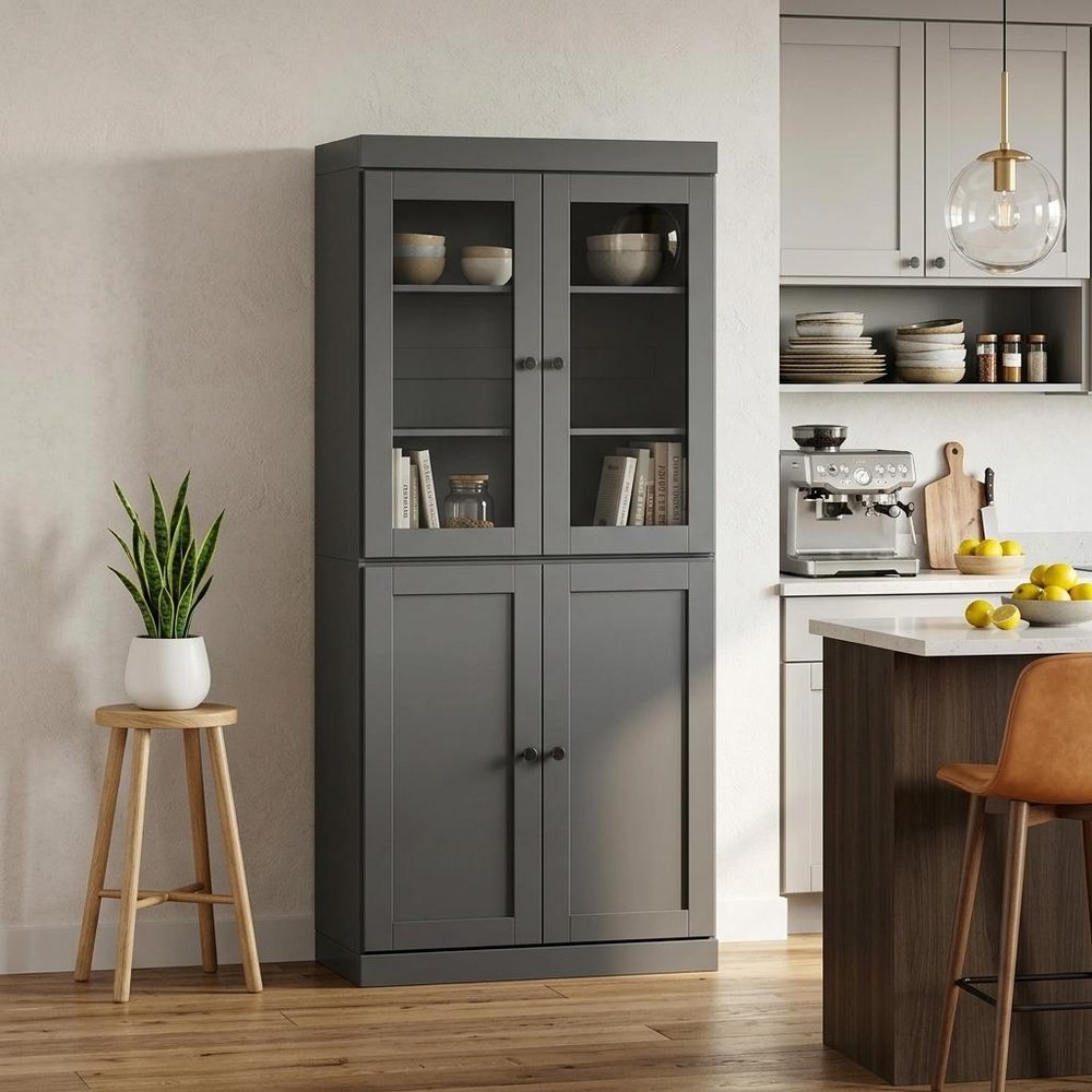 72" Gray Solid Wood Four Door Pantry Or Storage Closet HomeRoots