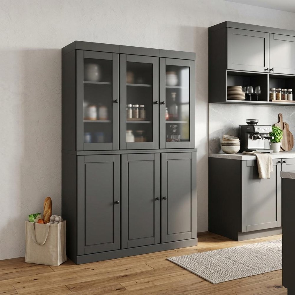 72" Gray Solid Wood Six Door Two Drawer Pantry Or Storage Closet HomeRoots
