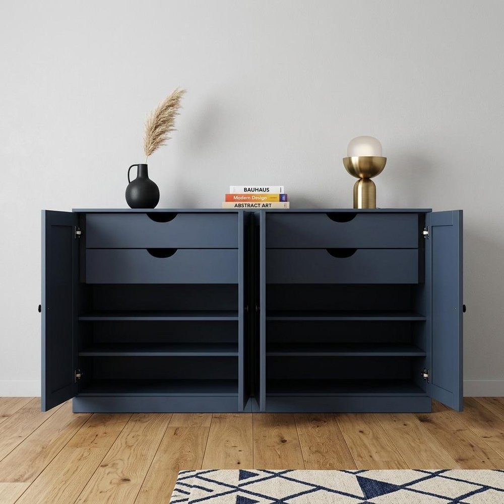 64" French Blue Solid Wood Four Drawer Sideboard With Four Doors HomeRoots
