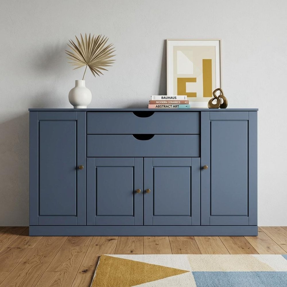 64" French Blue Solid Wood Four Drawer Sideboard With Four Doors HomeRoots