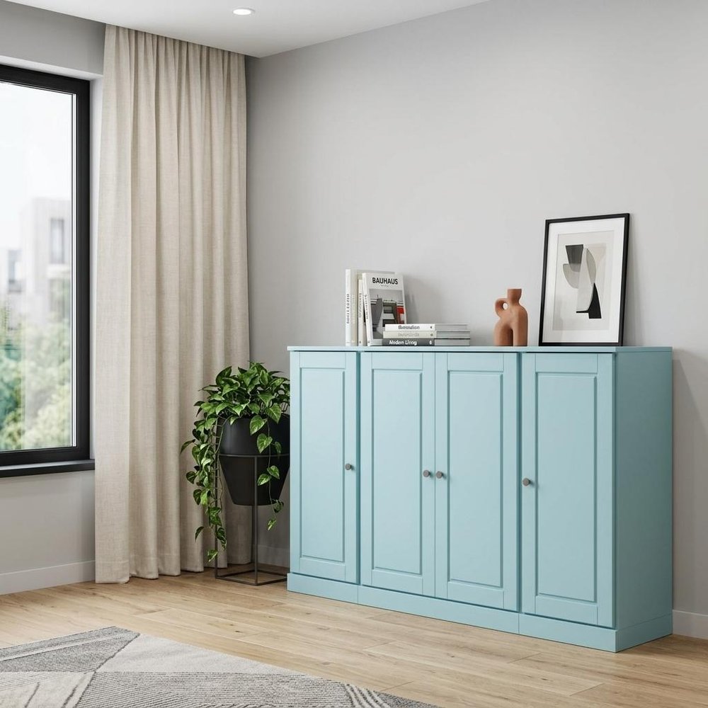 65" Aqua Solid Wood Two Drawer Sideboard With Four Doors HomeRoots