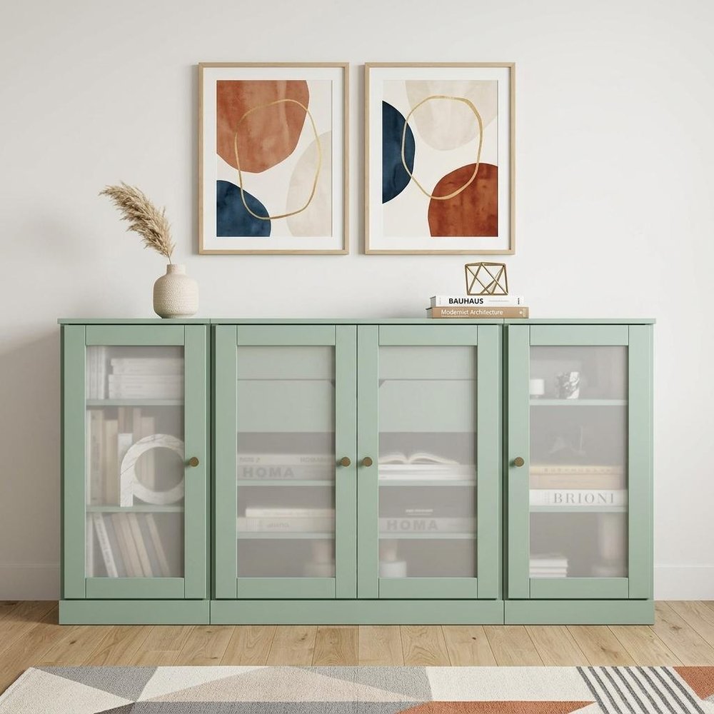 65" Sage Solid Wood Two Drawer Sideboard With Four Glass Doors HomeRoots