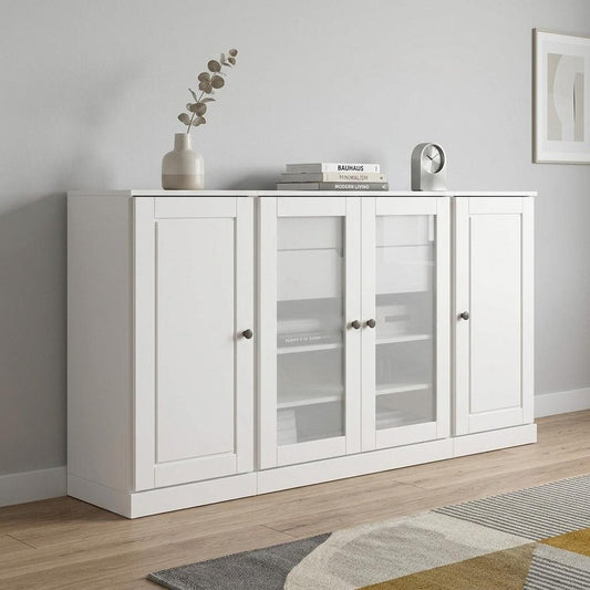 65" White Solid Wood Two Drawer Sideboard With Four Glass Doors