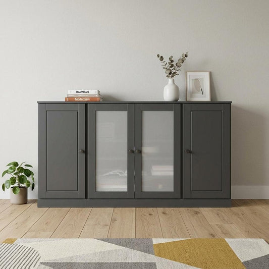 65" Gray Solid Wood Two Drawer Sideboard With Four Glass Doors