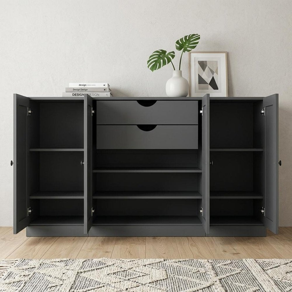 65" Gray Solid Wood Two Drawer Sideboard With Four Doors HomeRoots