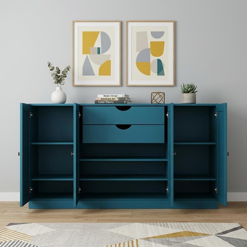 65" Teal Blue Solid Wood Two Drawer Sideboard With Four Doors HomeRoots