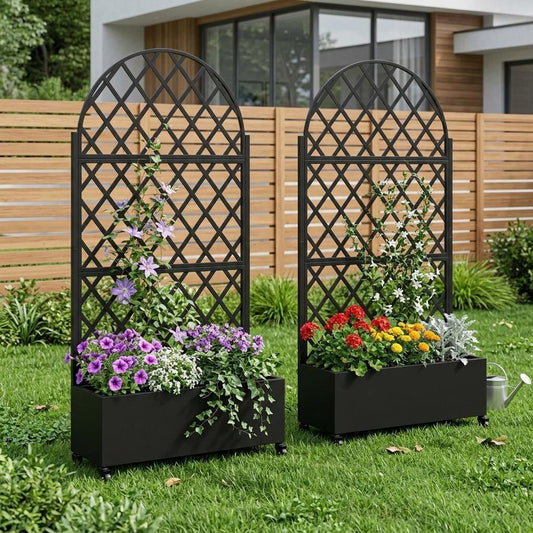 Set of Two Black Geometric Galvanized Metal Oval Planter Box