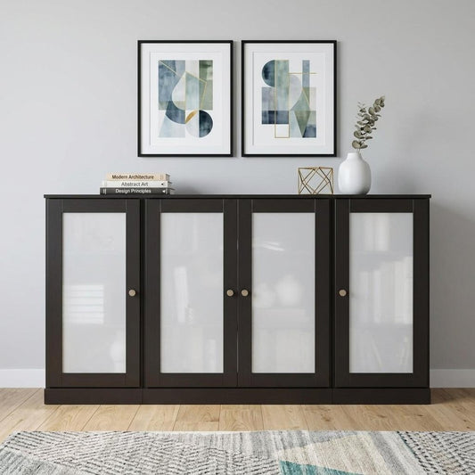 65" Black Solid Wood Sideboard With Four Glass Doors