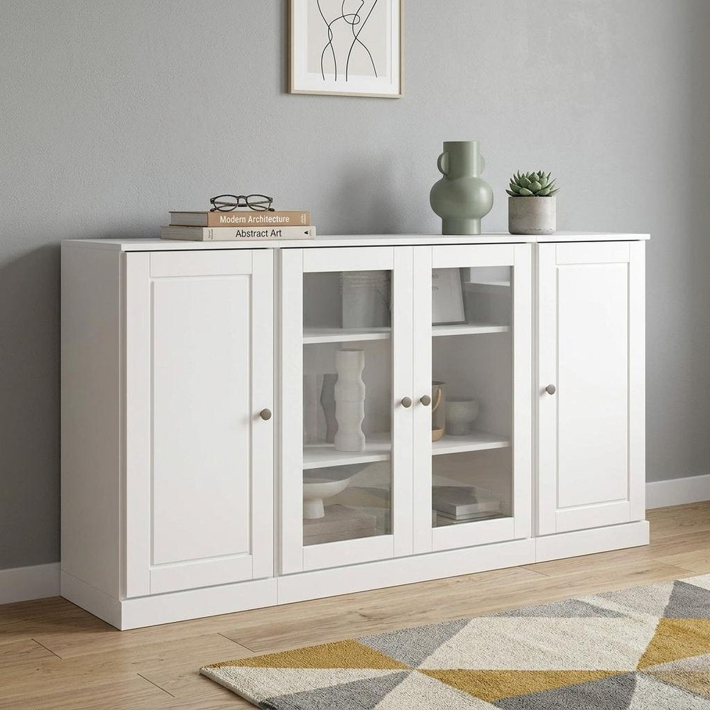 65" White Solid Wood Sideboard With Four Glass Doors HomeRoots