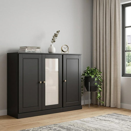 65" Black Solid Wood Sideboard With Four Glass Doors