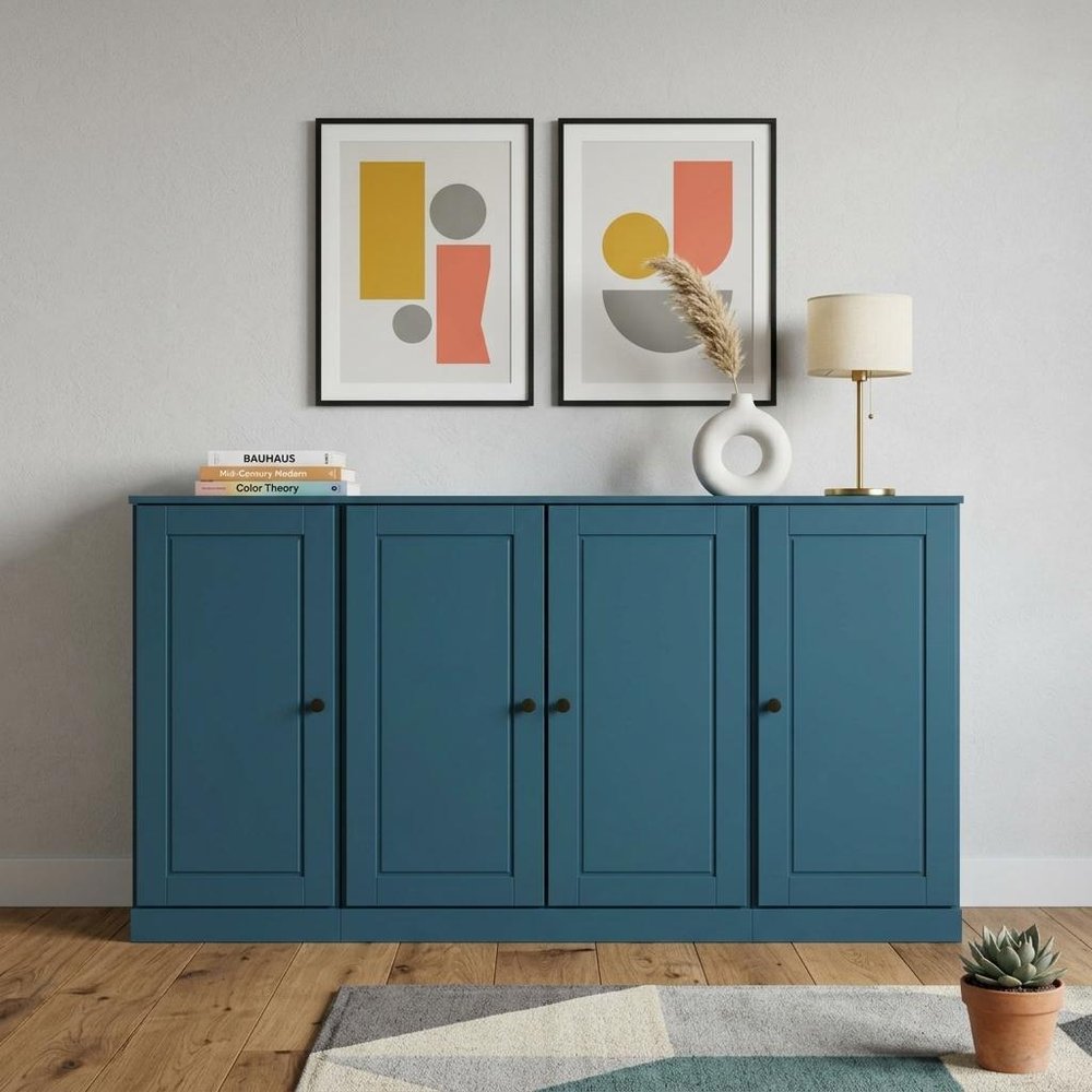 65" Teal Blue Solid Wood Sideboard With Four Glass Doors HomeRoots