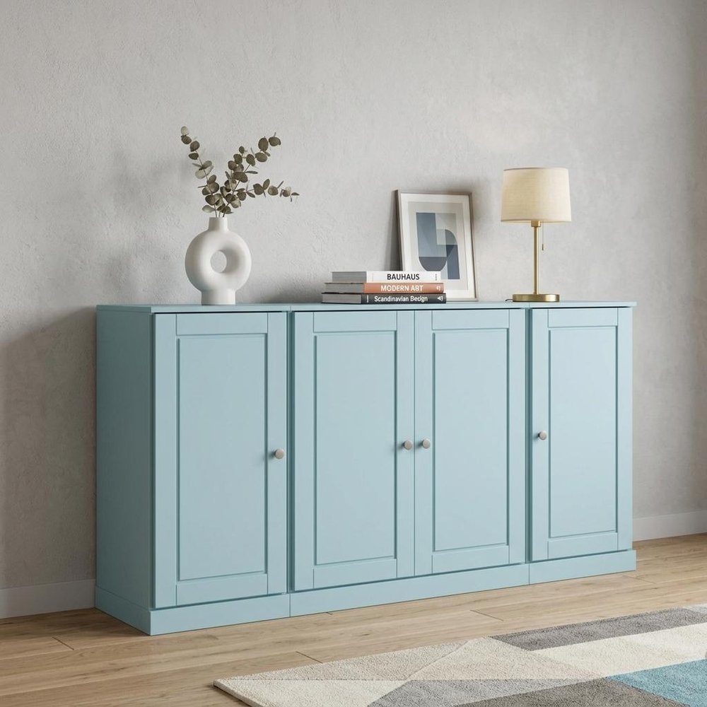 65" Aqua Solid Wood Sideboard With Four Glass Doors HomeRoots