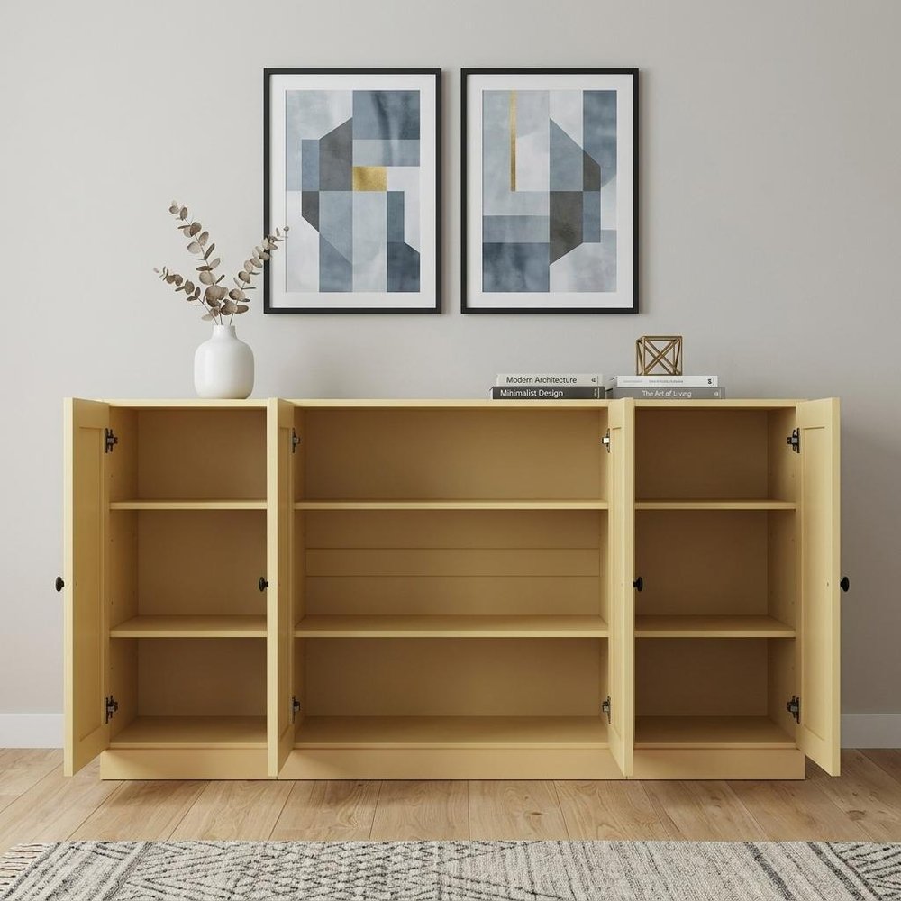 65" Yellow Solid Wood Sideboard With Four Glass Doors HomeRoots