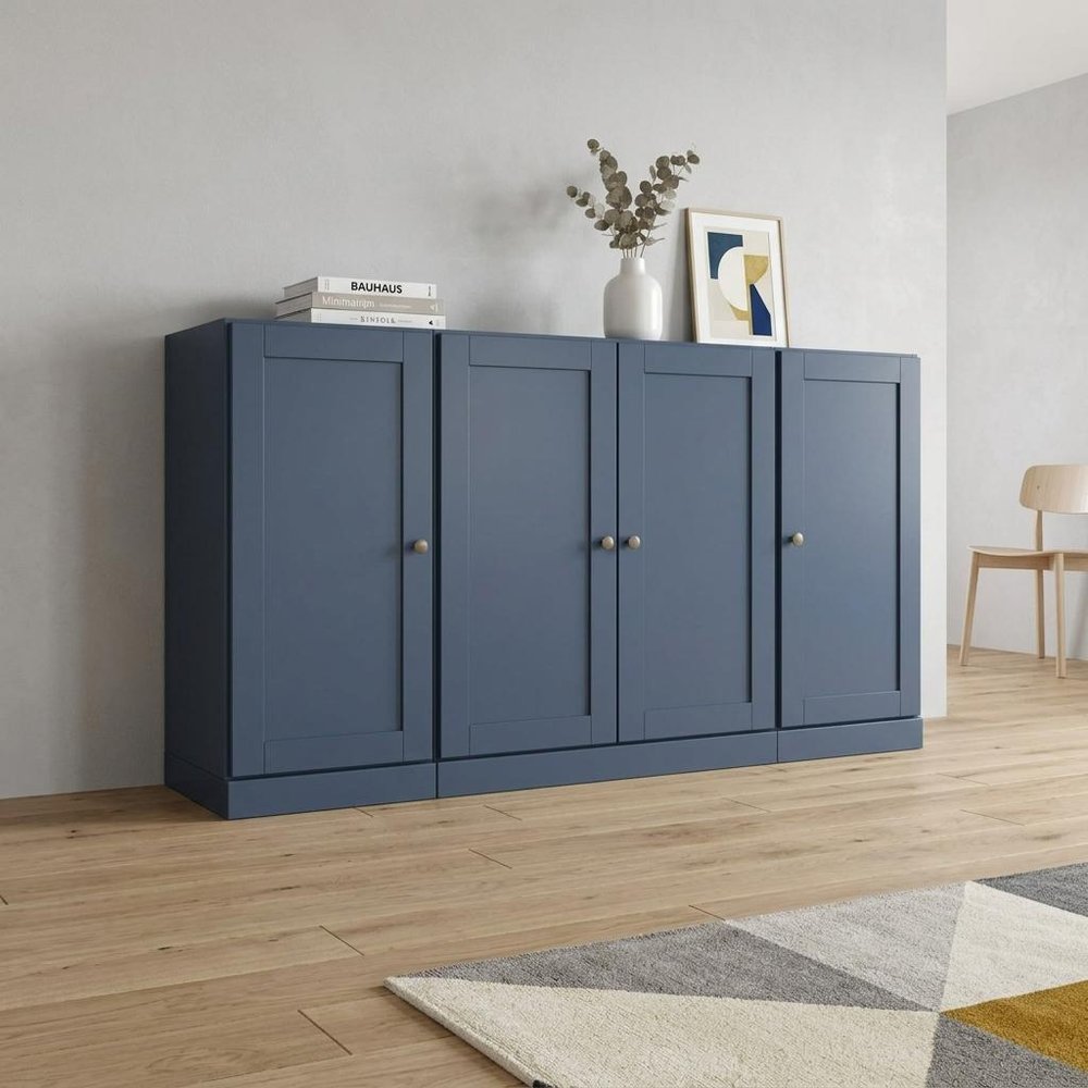 65" French Blue Solid Wood Sideboard With Four Glass Doors HomeRoots