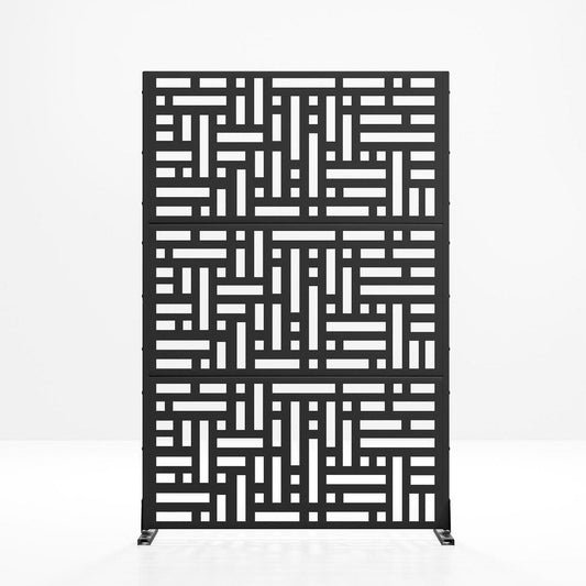 Set Of Two Black Abstract Steel Six Panel Outdoor Privacy Screen