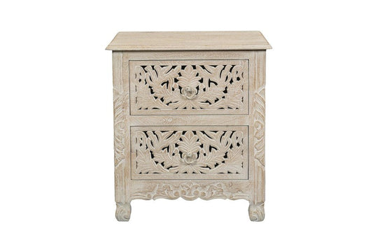 27" Black Solid Wood Square Distressed Carved Floral Two Drawer Nightstand