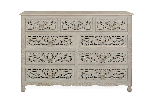 57" White Carved Floral Solid Wood Nine Drawer Dresser