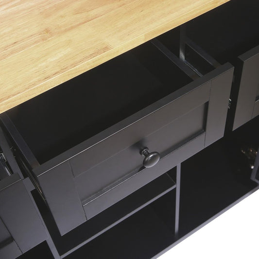 53" Brown and Black Wood Flat Door Rolling Kitchen Cart With Storage