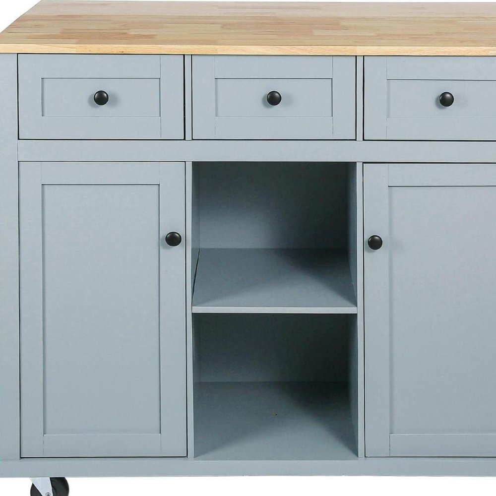 53" Brown and Blue Wood Flat Door Rolling Kitchen Cart With Storage