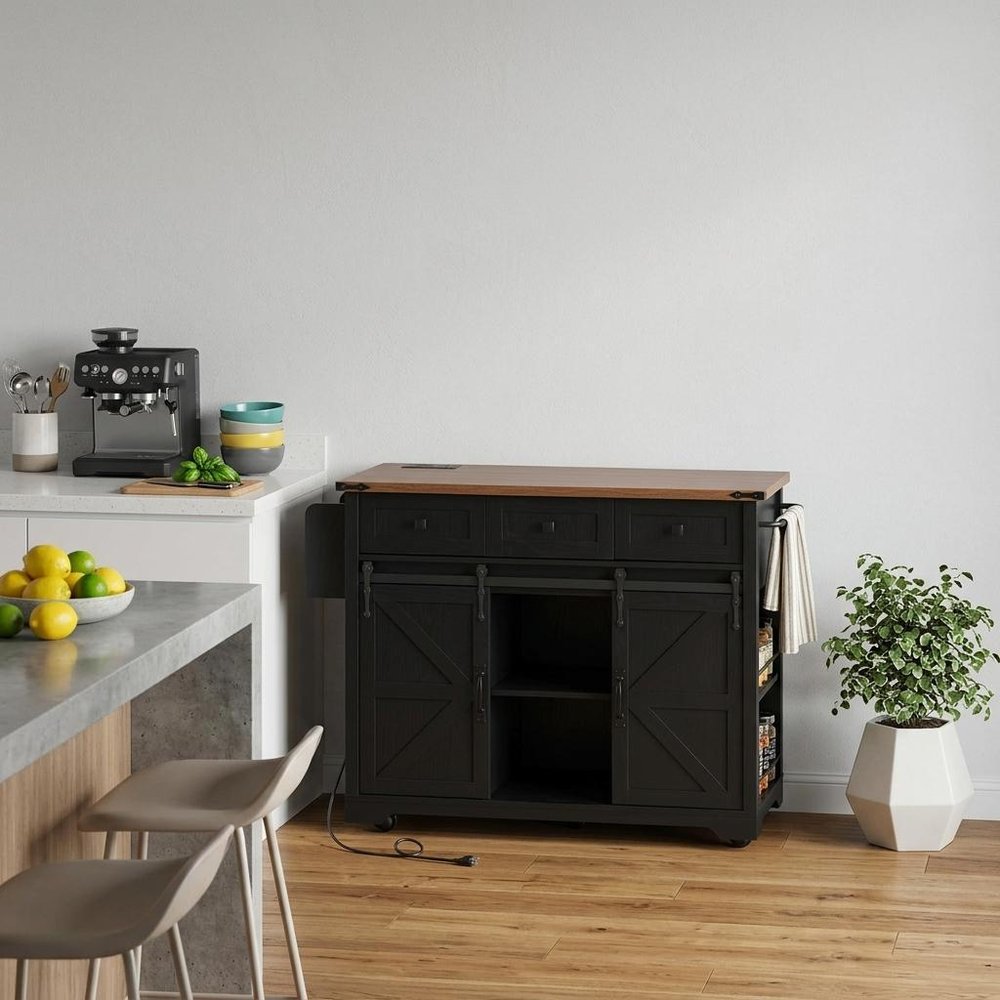 54" Brown and Black Wood Flat Door Rolling Kitchen Cart With Storage With USB HomeRoots