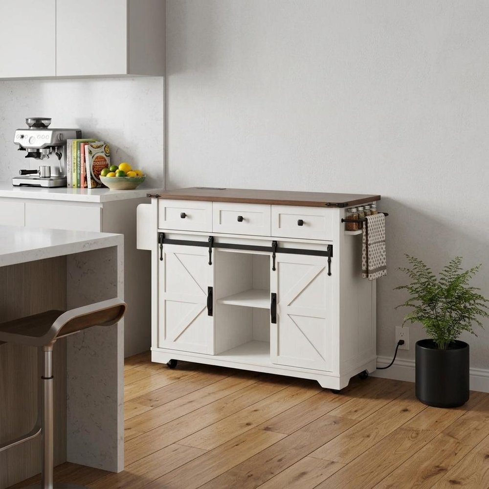 54" Brown and White Wood Flat Door Rolling Kitchen Cart With Storage With USB HomeRoots