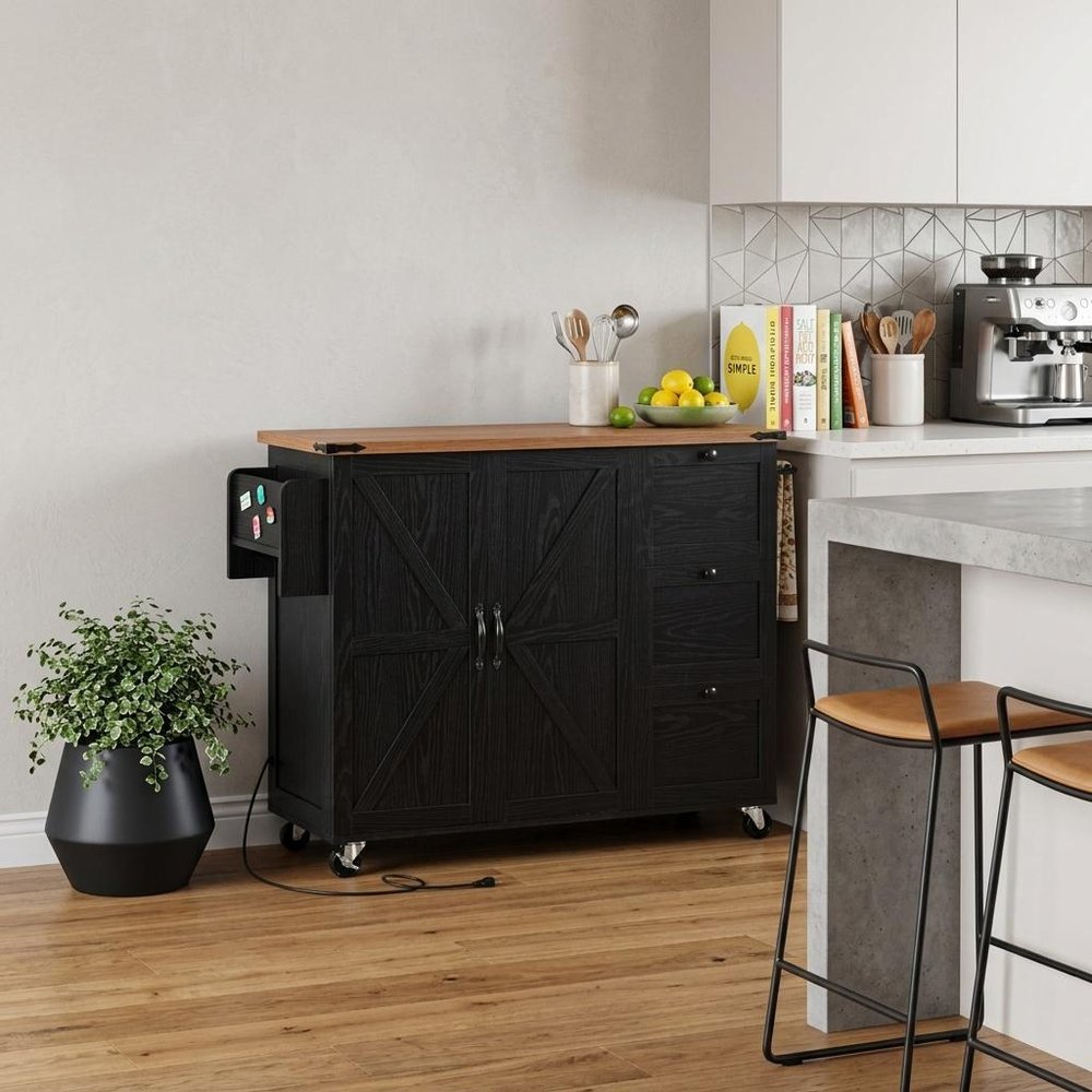 55" Brown and Black Wood Flat Door Rolling Kitchen Cart With Storage With USB HomeRoots