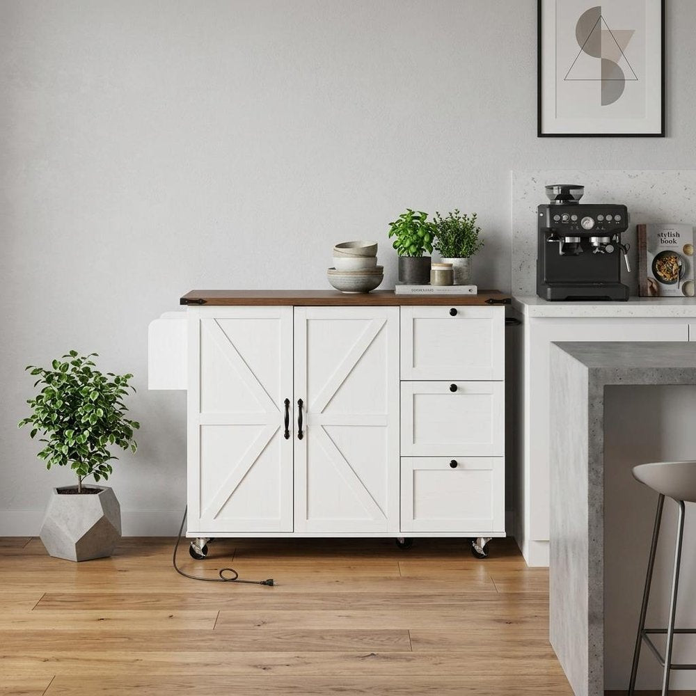 55" Brown and White Wood Flat Door Rolling Kitchen Cart With Storage With USB HomeRoots