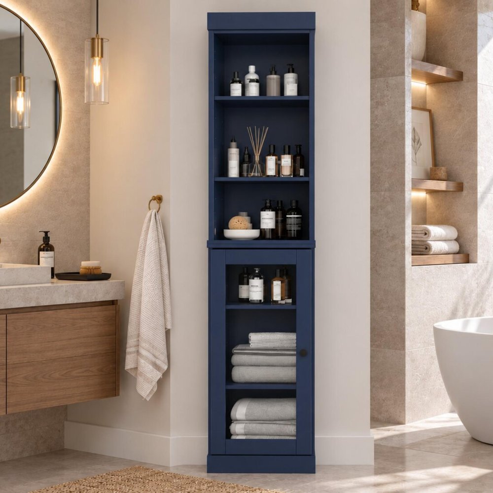 17" Navy Blue Solid Wood Glass Panel Inlay Single Door Linen Cabinet HomeRoots