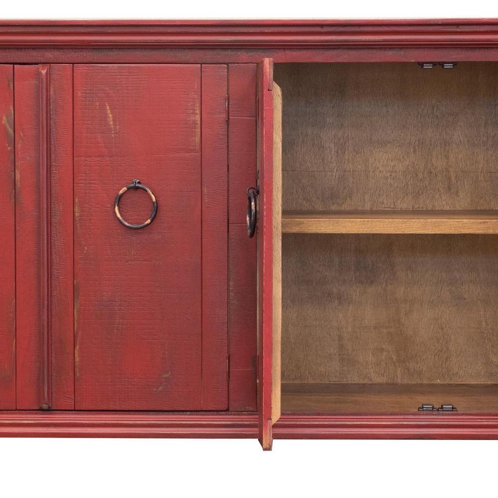 74" Red Distressed Wood Sideboard With Four Doors HomeRoots