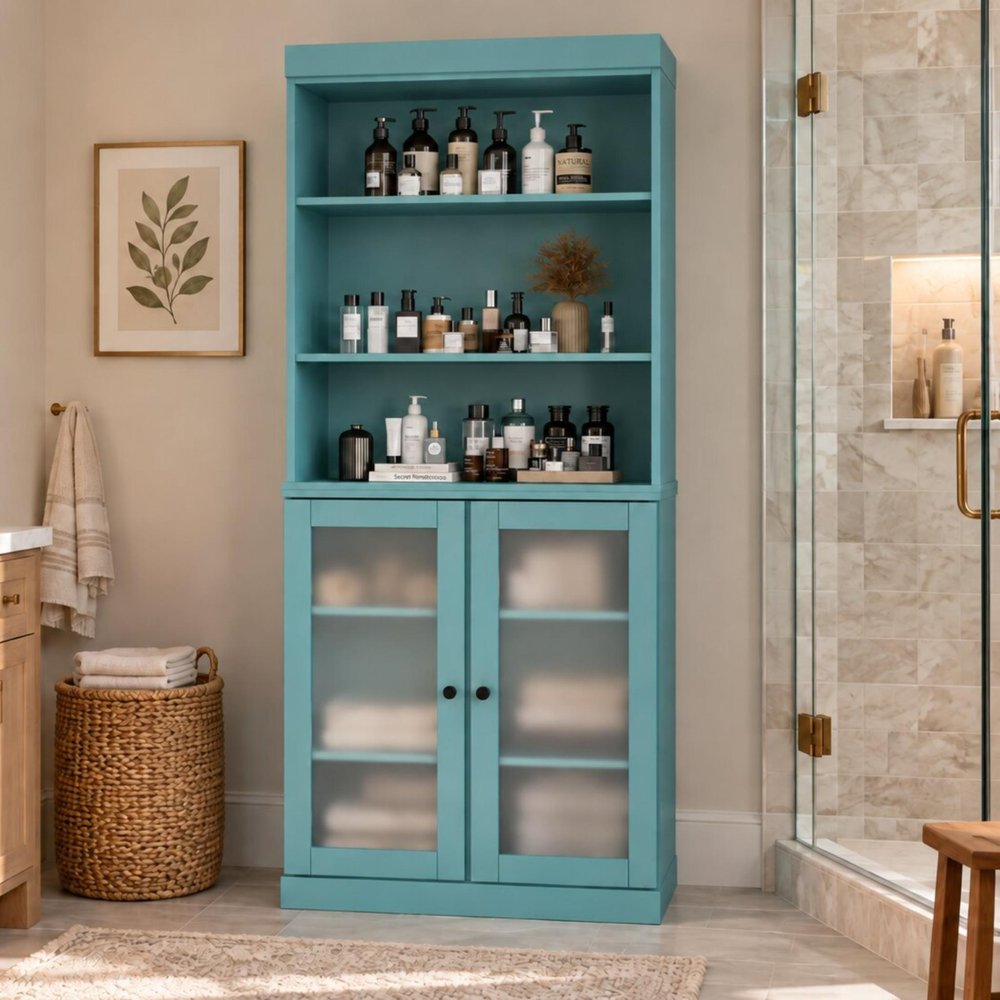 32" Aqua Solid Wood Glass Panel Inlay Double Door Linen Cabinet HomeRoots