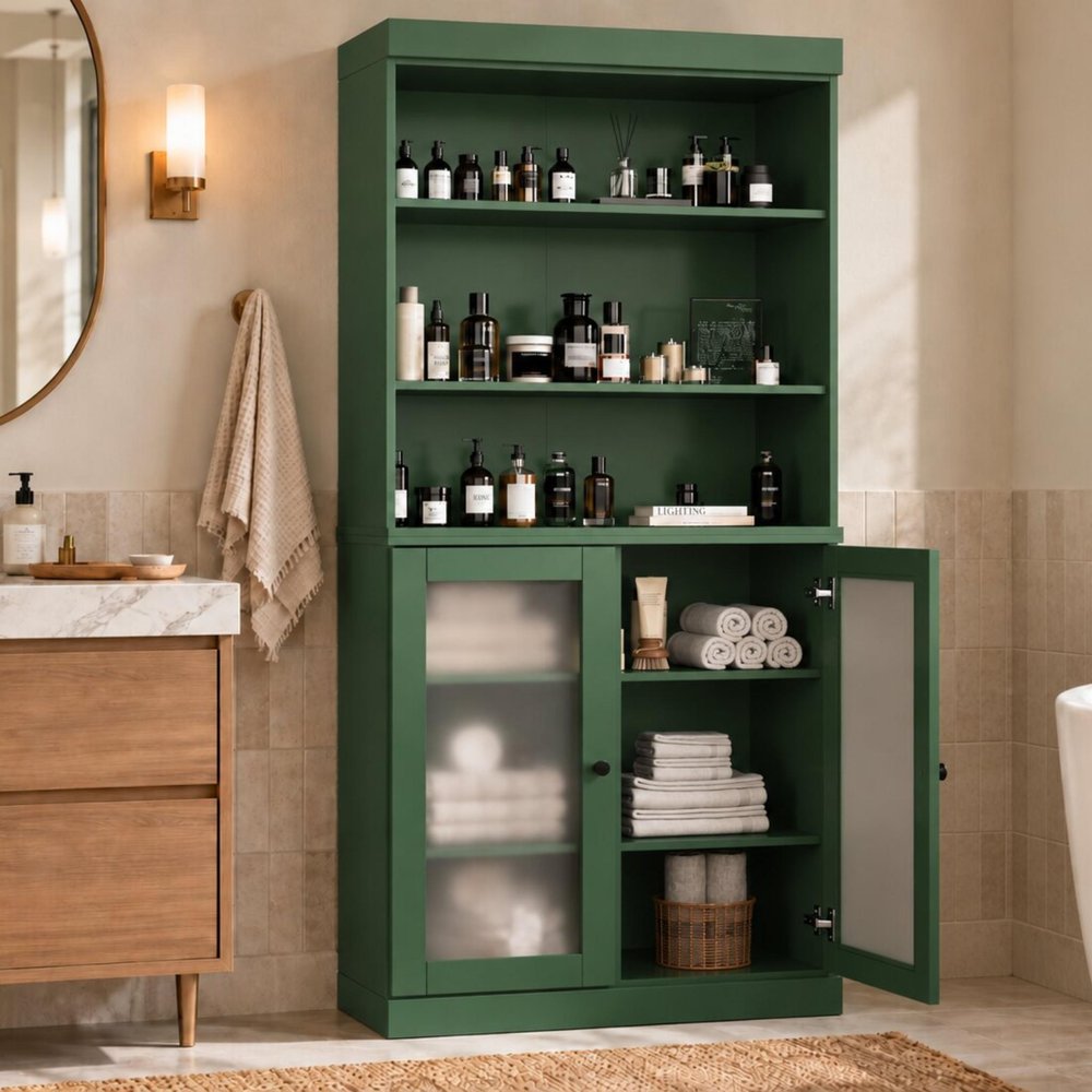 32" Green Solid Wood Glass Panel Inlay Double Door Linen Cabinet HomeRoots