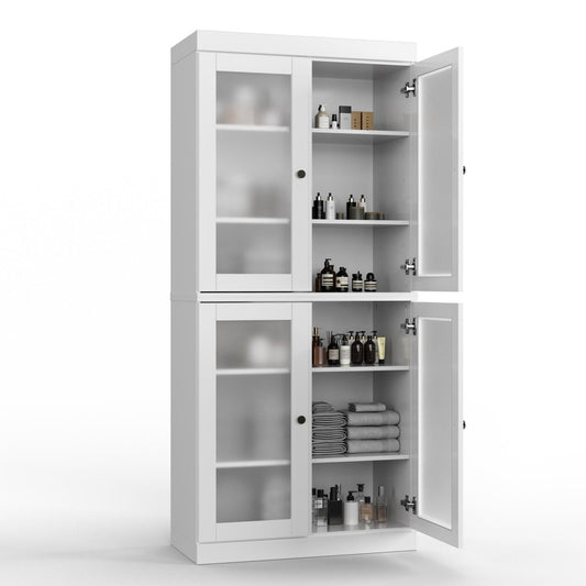 32" White Solid Wood Glass Panel Inlay Double Door Linen Cabinet